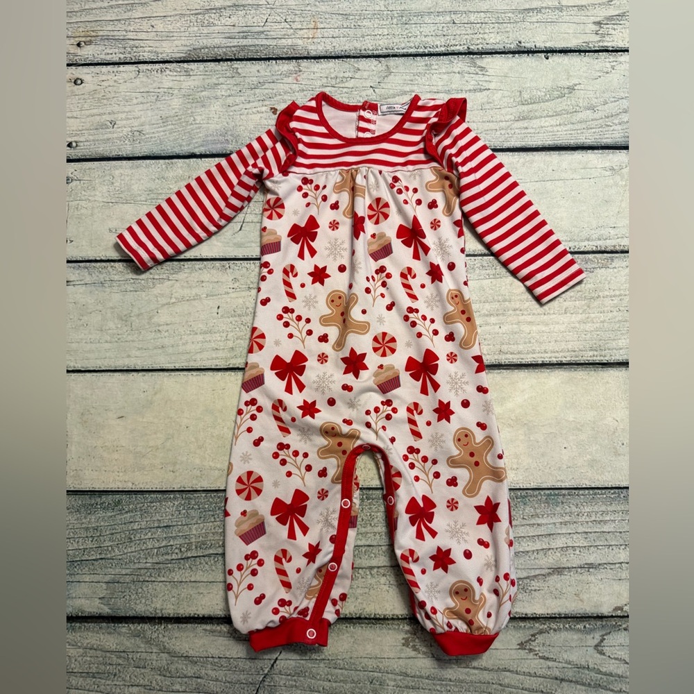 Little Millie red and white gingerbread pattern pj onesie. 12 months